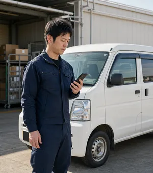 軽貨物の現場で、白い軽バンのそばでスマートフォンを確認する運転者のイメージ