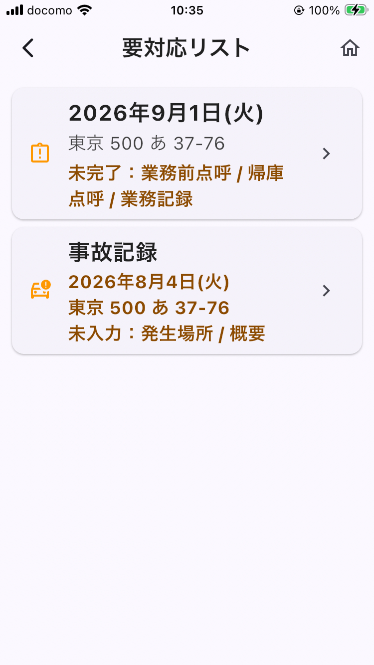 画面: 要対応リスト（閉じ忘れた業務と未入力の事故記録が並ぶ）