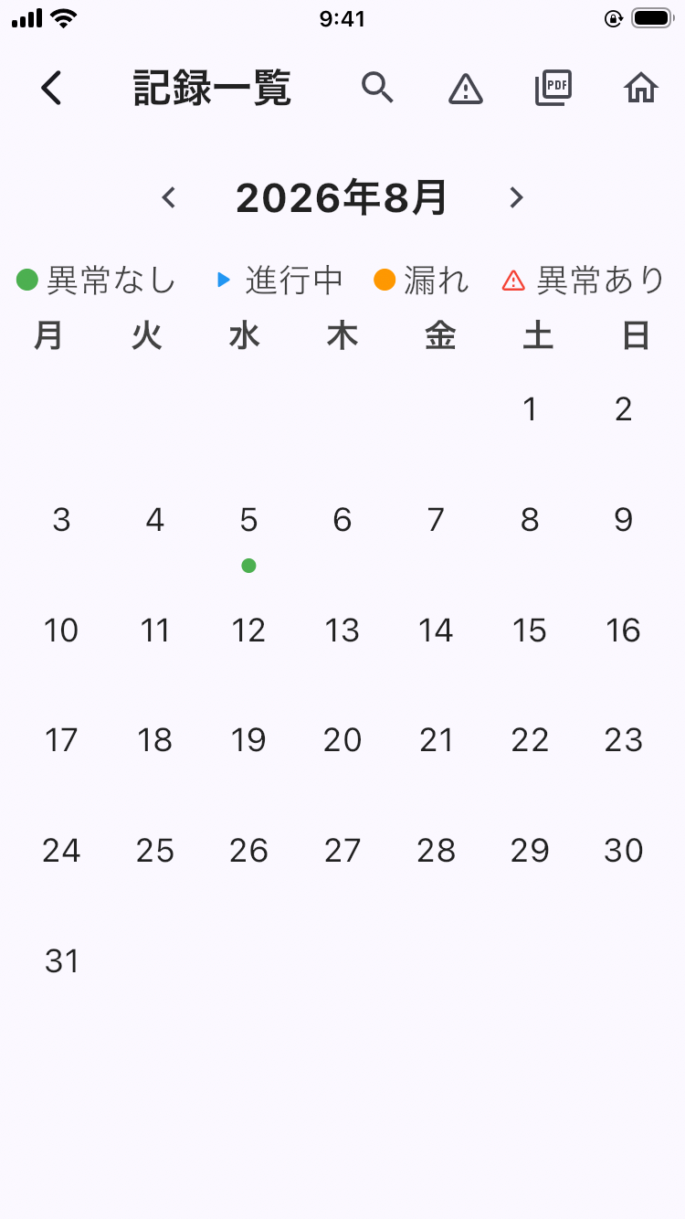 画面: 記録一覧のカレンダー（4種の印と凡例、右上に検索・異常記録一覧・PDF出力のアイコン）